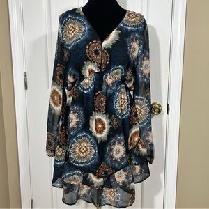 Young at Heart Boho Chiffon Tiered Ruffle Dress Navy Multi Print Size L